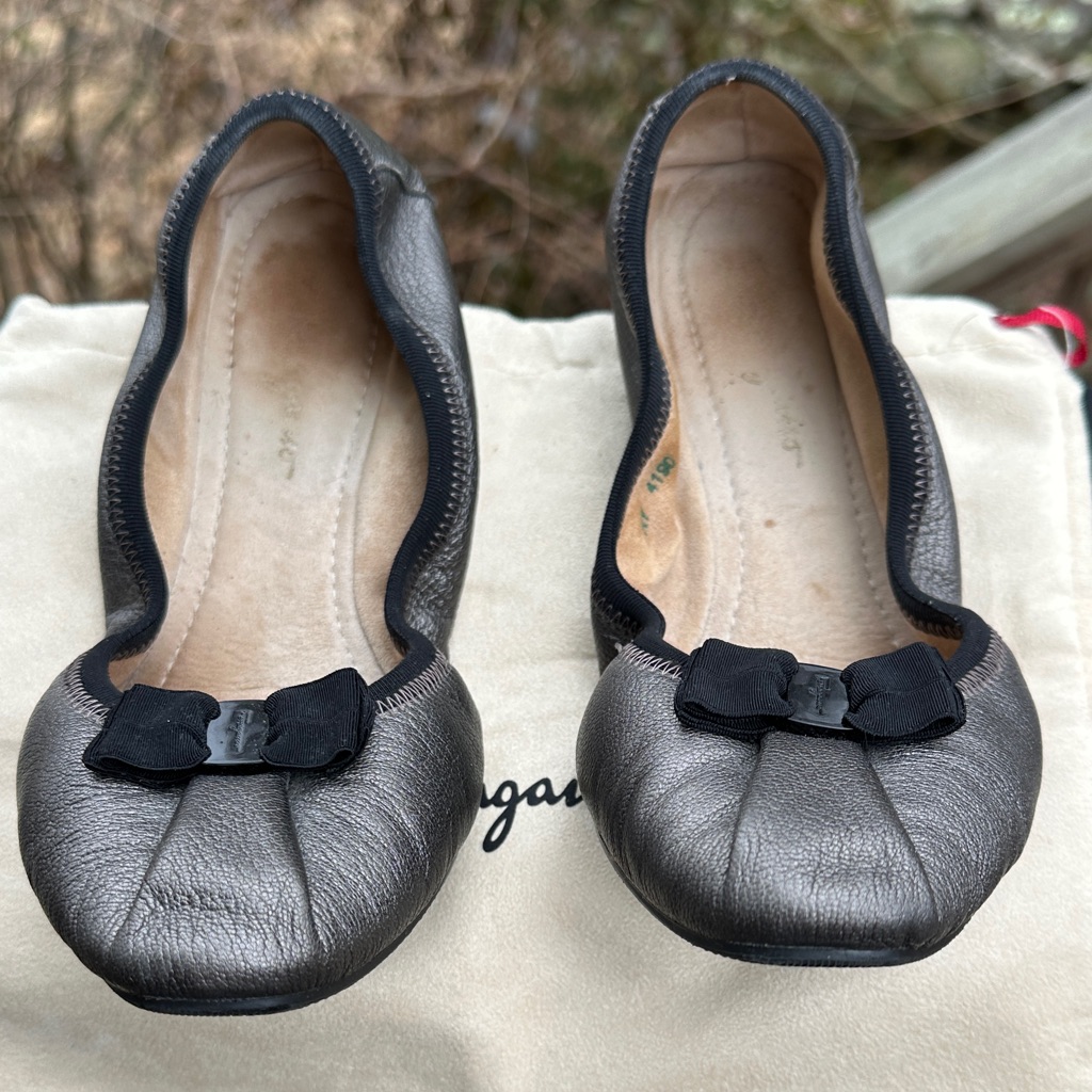Salvatore Ferragamo My Joy Metallic Gunmetal Leather Vara Bow Flats